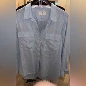 Aritzia Babaton Utility Shirt Linen Light Blue Long Sleeve Sz XL
